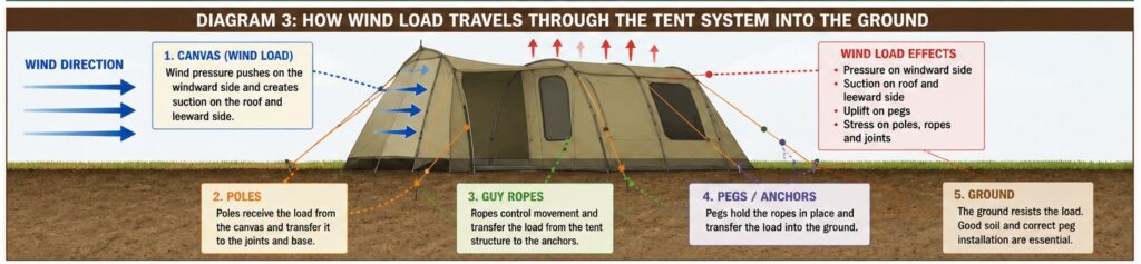 How wind load travels through the tent system into the ground